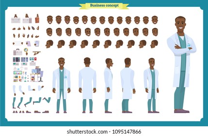 Scientist character creation set. Black american man working in science laboratory at experiments. Full length, different views, emotions, gestures.Cartoon flat design style infographic illustration