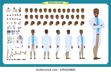 Scientist Character Creation Set. Black American Man Working In Science Laboratory At Experiments. Full Length, Different Views, Emotions, Gestures.Cartoon Flat Design Style Infographic Illustration