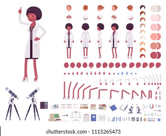 Scientist character creation set. Black woman in science laboratory with equipment. Full length, different views, emotions, gestures. Build your own design. Vector illustration