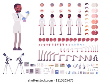 Scientist character creation set. Black man in science laboratory with equipment. Full length, different views, emotions, gestures. Build your own design. Vector illustration