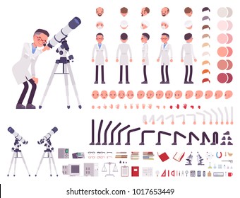 Scientist character creation set. Man working in science laboratory at experiments. Full length, different views, emotions, gestures. Build your own design. Vector illustration