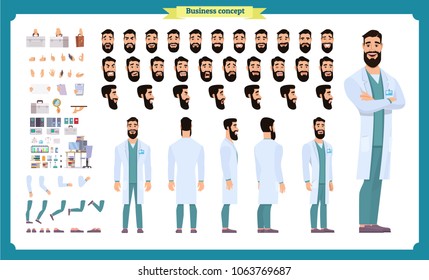 Scientist character creation set. Man working in science laboratory at experiments. Full length, different views, emotions, gestures. Build your own design. Cartoon flat style infographic illustration