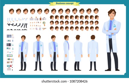 Scientist character creation set. Man working in science laboratory at experiments. Full length, different views, emotions, gestures. Build your own design. Cartoon flat style infographic illustration