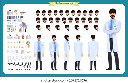 Scientist character creation set. Man working in science laboratory at experiments. Full length, different views, emotions, gestures. Build your own design. Cartoon flat style infographic illustration