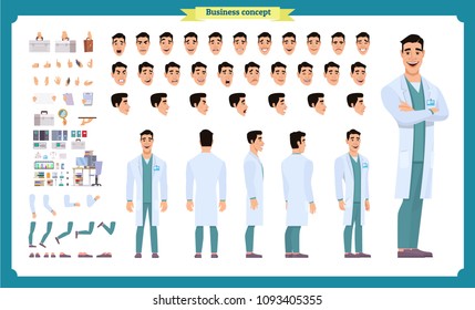 Scientist character creation set. Man working in science laboratory at experiments. Full length, different views, emotions, gestures. Build your own design. Cartoon flat style infographic illustration