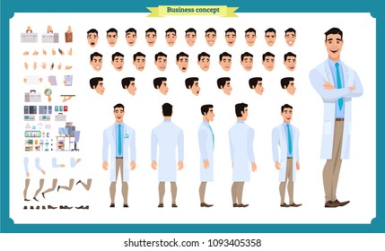 Scientist character creation set. Man working in science laboratory at experiments. Full length, different views, emotions, gestures. Build your own design. Cartoon flat style infographic illustration