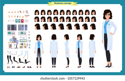 Scientist character creation set. Woman works in science laboratory at experiments. Full length, different views, emotions, gestures. Build your own design. Cartoon flat style infographic illustration