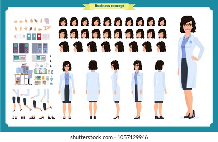 Scientist character creation set. Woman works in science laboratory at experiments. Full length, different views, emotions, gestures. Build your own design. Cartoon flat style infographic illustration