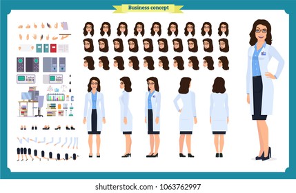 Scientist character creation set. Woman works in science laboratory at experiments. Full length, different views, emotions, gestures. Build your own design. Cartoon flat style infographic illustration