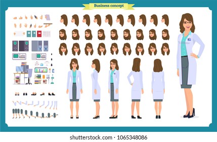 Scientist character creation set. Woman works in science laboratory at experiments. Full length, different views, emotions, gestures. Build your own design. Cartoon flat style infographic illustration