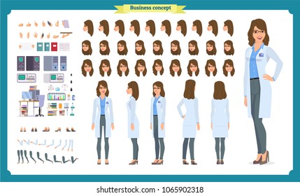 Scientist character creation set. Woman works in science laboratory at experiments. Full length, different views, emotions, gestures. Build your own design. Cartoon flat style infographic illustration