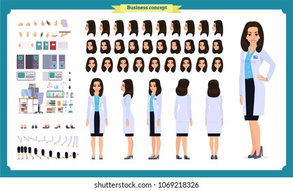 Scientist character creation set. Woman works in science laboratory at experiments. Full length, different views, emotions, gestures. Build your own design. Cartoon flat style infographic illustration