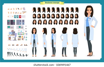 Scientist character creation set. Woman works in science laboratory at experiments. Full length, different views, emotions, gestures. Build your own design. Cartoon flat style infographic illustration