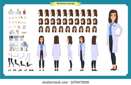 Scientist character creation set. Woman works in science laboratory at experiments. Full length, different views, emotions, gestures. Build your own design. Cartoon flat style infographic illustration