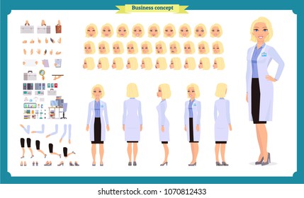 Scientist character creation set. Woman works in science laboratory at experiments. Full length, different views, emotions, gestures. Build your own design. Cartoon flat style infographic illustration