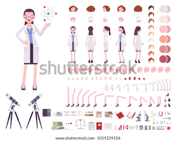 科学者の文字作成セット 女性は科学研究所で実験をしている 全長 異なる見方 感情 ジェスチャー 独自のデザインを構築します Cartoon Flatスタイルのインフォグラフィックイラスト のベクター画像素材 ロイヤリティフリー