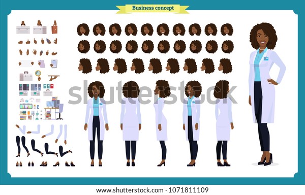 科学者のキャラクター作成セット 黒人女性は 科学の研究室で実験を行います 全長 異なる見方 感情 ジェスチャー 独自のデザインを構築します Cartoon Flatスタイルのインフォグラフィック のベクター画像素材 ロイヤリティフリー