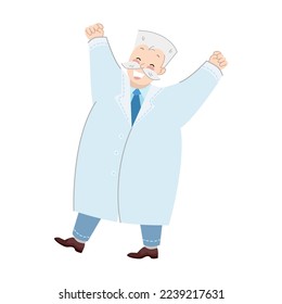 Scientist character made a discovery and joyfully raises his hands up. Cartoon vector illustration of funny old professor or doctor in uniform. Chemistry concept
