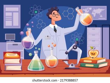Scientist character making research experiment in laboratory design element concept illustration