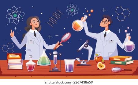 Scientist character making research experiment in laboratory design element concept illustration
