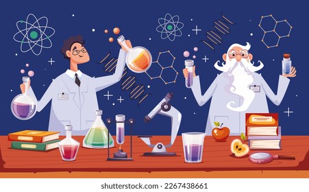Wissenschaftler, die mit der Erstellung von Forschungsergebnissen experimentieren, die auf dem Gebiet des Konzepts des Labordesigns
