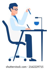 Scientist character. Man sits at desk, working with chemicals in test tubes and flasks, laboratory experiment, research and exploration in lab, biology or chemistry science vector illustration
