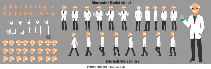 Scientist Character Model Sheet With Walk Cycle Animation. Character Design. Front, Side, Back View Animated Character. Character Creation Set With Various Views, Face Emotions,poses And Gestures.