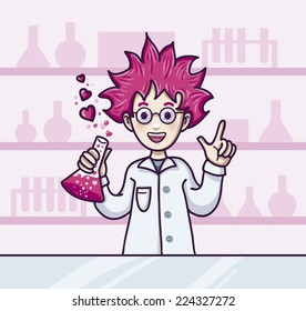 Scientist character with pink hair making a love potion
