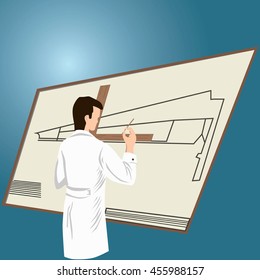 Scientist Character Pointing at Whiteboard