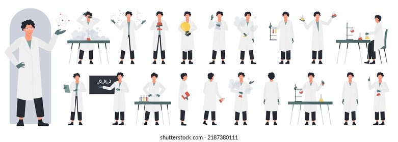 Scientist character in research poses, side, front and back view set vector illustration. Cartoon young man teaching chemical formula, holding book and light bulb, lab equipment isolated on white