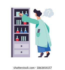 Scientist character and stand with chemicals at laboratory flat vector illustration