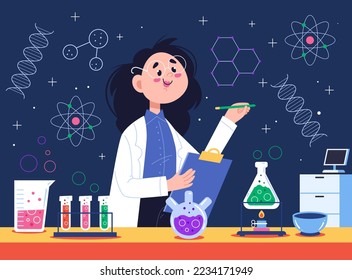 Wissenschaftler, die im Labor arbeiten. Forschungsexperiment Konzept Arbeitsplatz. Vektorgrafik-Design-Element-Konzept
