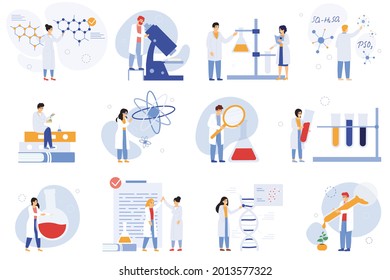 Scientist characters. Chemical researchers, biologists or laboratory workers, science medical workers vector illustration set. Research scientist characters. Chemical science and experiment laboratory