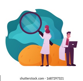 Scientist Characters in Lab Coats Learning Huge Vegetables with Glass. Haccp Hazard Analysis and Critical Control Point. Standard and Certification, Quality Control. Cartoon People Vector Illustration