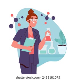 Scientist with chemical concept. Woman with flask with reagent. Chemist in laboratory. Young girl with atom and molecule structure. Cartoon flat vector illustration isolated on white background