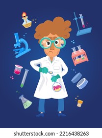 Scientist chemist among the objects. Microscope with mirror in cartoon flat style. Tools for laboratory and medical experiments. Vector isolated illustration in for design.