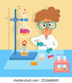 Scientist chemist among objects. Tools in lab in cartoon flat style. Medical experiments. Vector illustration.