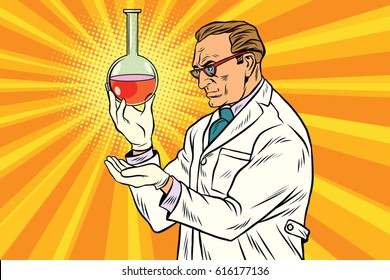 Scientist chemist analyzes laboratory flask. Pop art retro comic book vector illustration