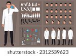 Scientist, Chemist, character Creation Set with Man wearing White Lab Coat, Laboratory Equipment, gestures and Face Expressions front side back view