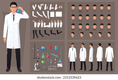 Scientist, Chemist, character Creation Set with Man wearing White Lab Coat, Laboratory Equipment, gestures and Face Expressions front side back view