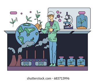 Scientist chemist or ecologist. Science experiment. Young man holding a test tube. Vector illustration.