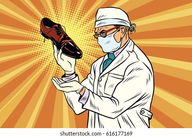 Scientist chemist explores shoes. Pop art retro comic book vector illustration