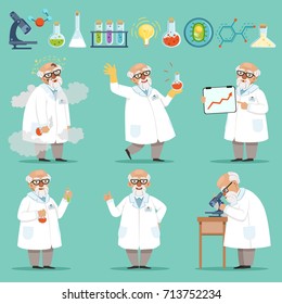 Scientist Or Chemist At His Work. Different Accessories In Science Laboratory. Funny Scientist Chemist Experiment And Research Illustration