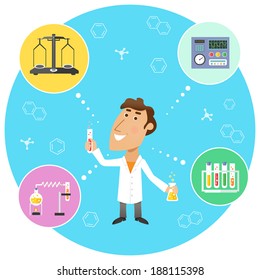 Scientist chemist in lab with scales flasks and molecular structure symbols on background vector illustration