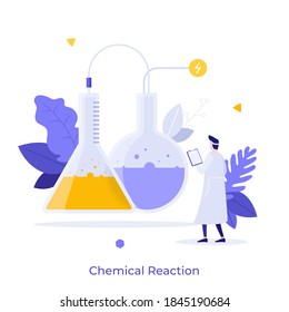 Scientist or chemist looking at flasks with liquid substances or reagents. Concept of chemical reaction, laboratory experiment, scientific research. Modern flat vector illustration for banner, poster.