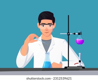 Scientist, Chemist Man Mixing Chemicals In A Lab and conducting research Vector Illustration