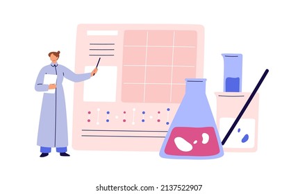 Scientist chemist reporting medical research results, science data. Chemical lab expert with scientific discovery, experiment information. Flat vector illustration isolated on white background