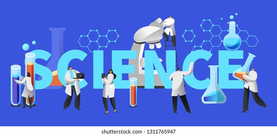 Scientist Chemistry Education Lab Equipment Typography Poster. Medical Laboratory Infographic, Research Flask Tube. Test Medical Biology Design Microscope Concept Flat Cartoon Vector Illustration
