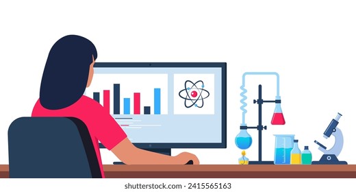 Scientist in chemistry laboratory working on research and exploration. Computer, lab glassware with substance. Lab research, testing, studies in chemistry. Vector illustration