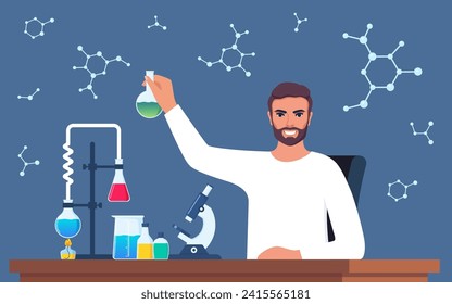 Scientist in chemistry laboratory working on research and exploration. Flasks, vials, test tubes with substance. Lab research, testing, studies in chemistry. Vector illustration